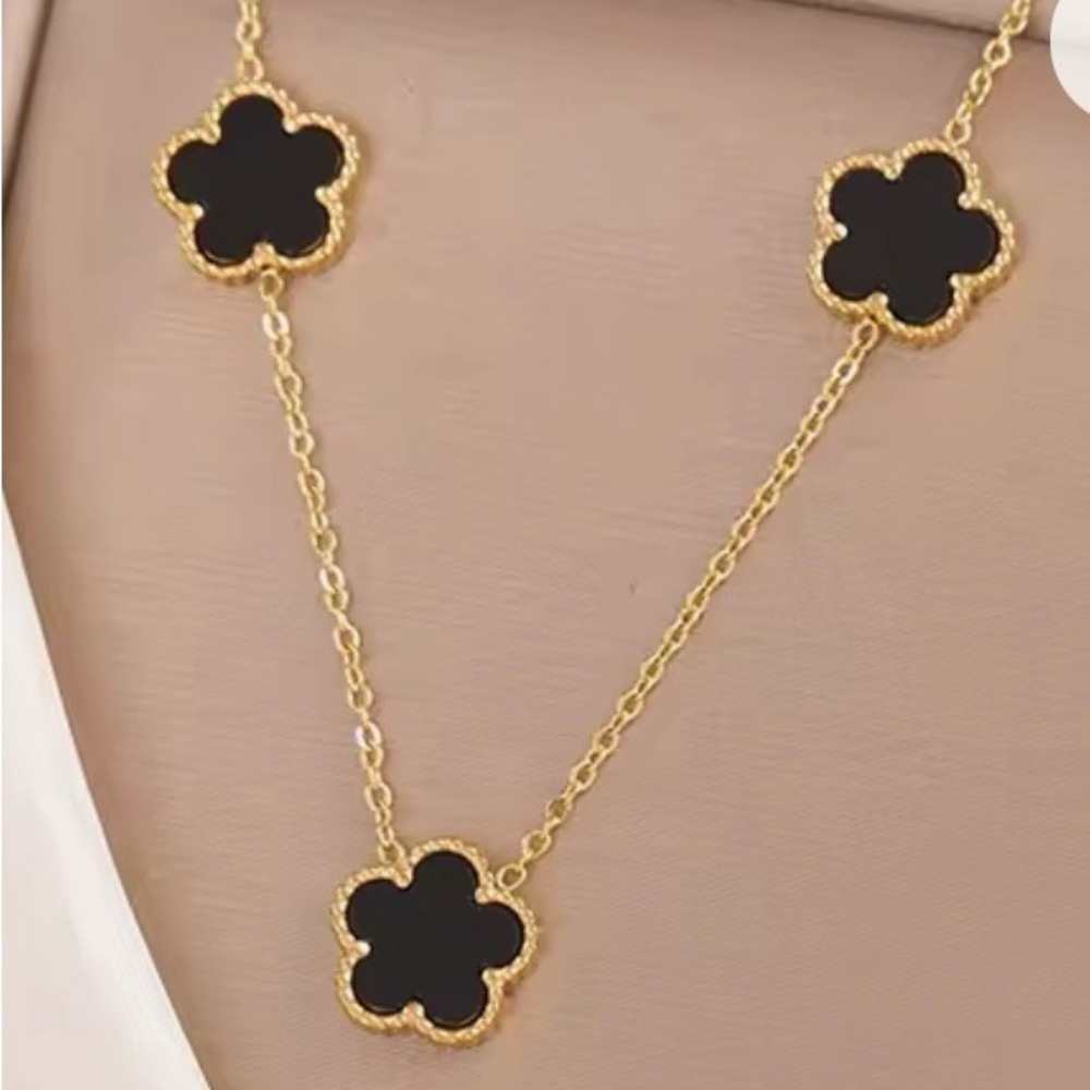 Gold Chain Necklace with Black Four-Leaf Clover Pendants